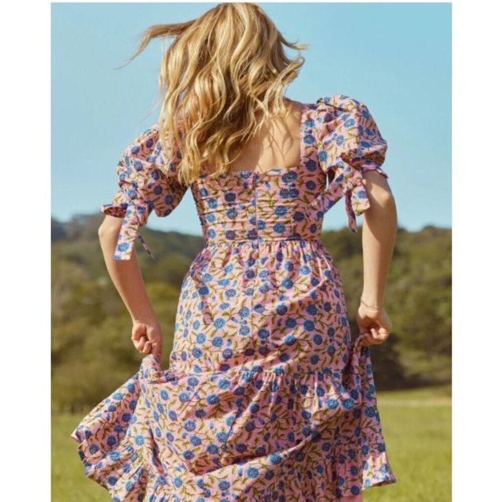 Eddy Barbara Square Neck 100% BCI Cotton Dress Pale Magenta & Indigo Floral 16 - Picture 3 of 9